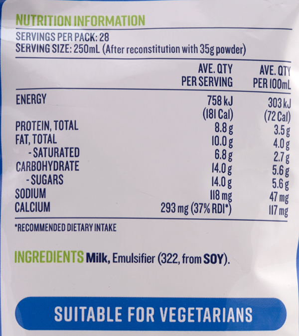 Thành phần dinh dưỡng sữa devondale 1kg của úc