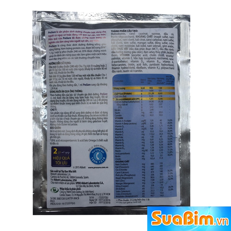 thành phần sữa prosure