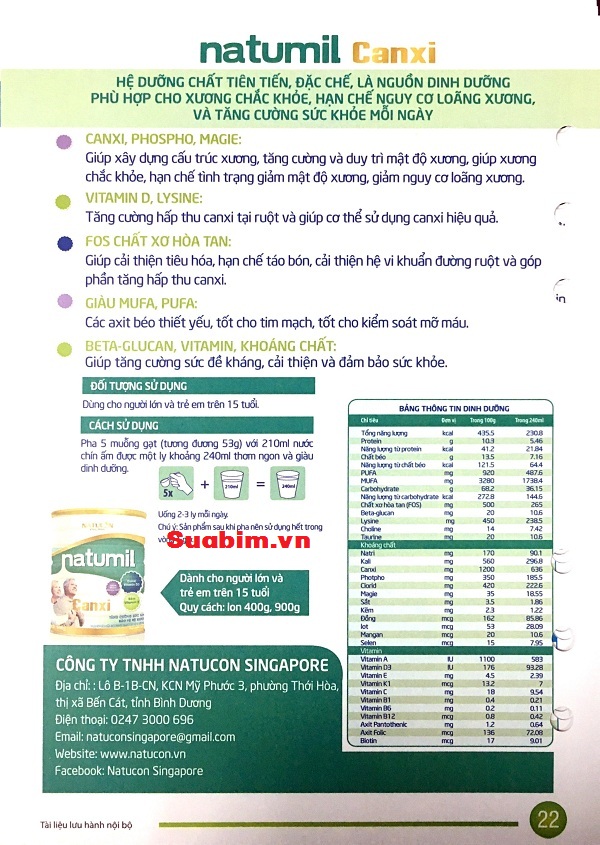 thông tin chi tiết về Sữa Natumil canxi