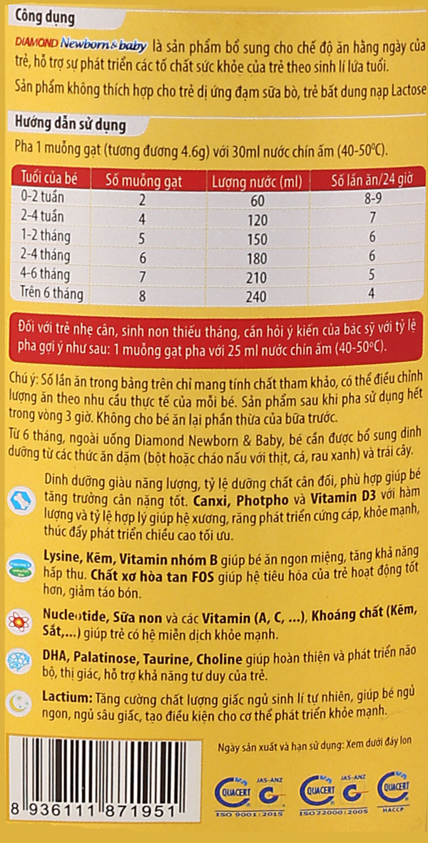 Công dụng, hướng dẫn cách pha sữa diamond newborn baby 400g