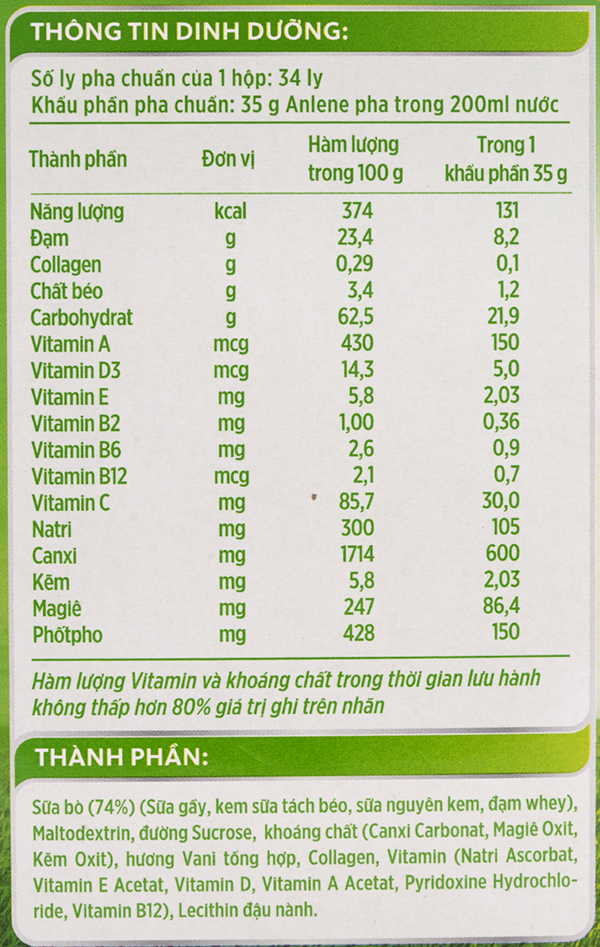 Thành phần dinh dưỡng sữa anlene gold 1,2kg