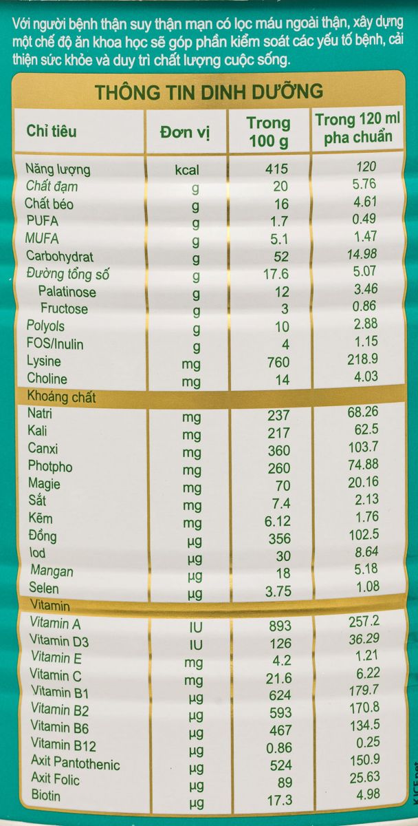 Bảng thành phần dinh dưỡng sữa nepro 2 gold 400g